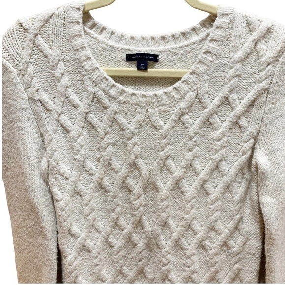 Tommy Hilfiger Ivory Cotton blend Textured Knit Crew Neck Sweater Sz S - Picture 2 of 9